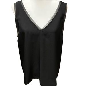 NWT Halogen Black V-Neck Sleeveless Tank Top Blouse Mesh Raw Edge Chiffon LARGE